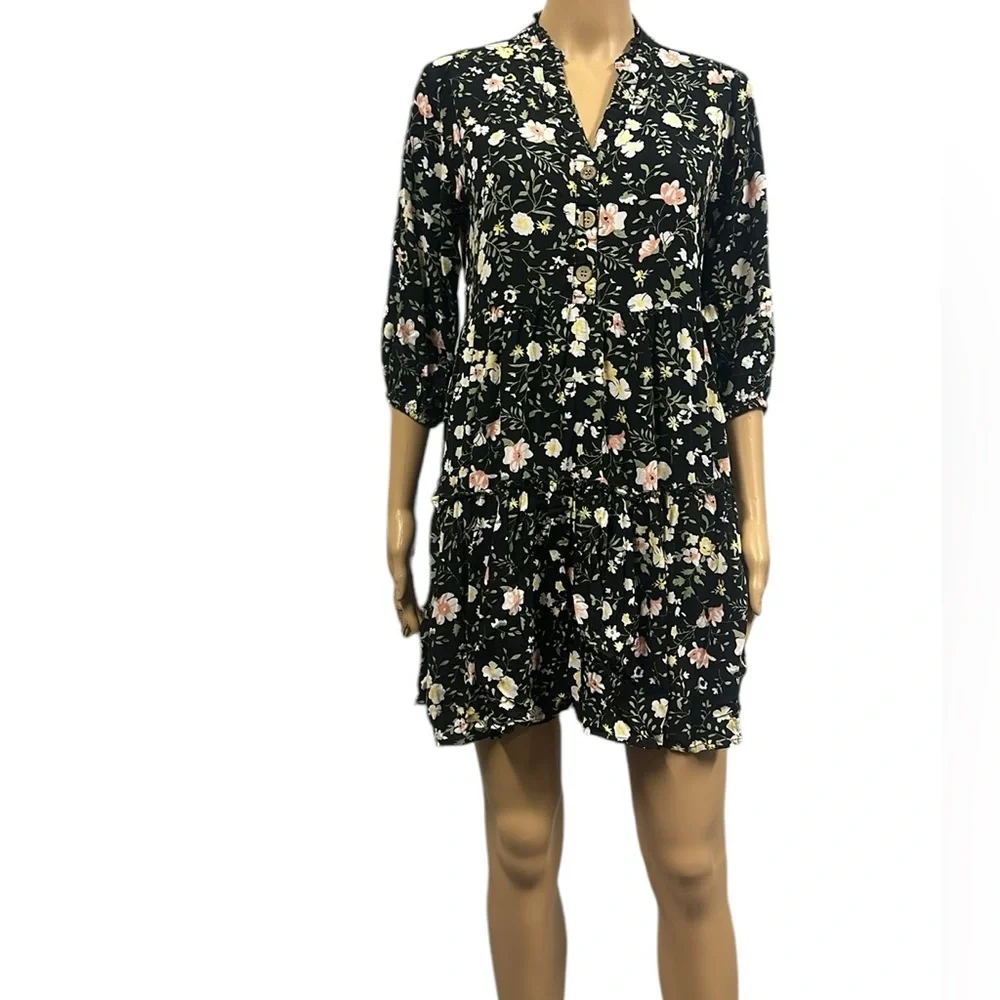 J Gee Black Floral Babydoll 3 Quarter Sleeve Half Button Up Dress Womens Small - Picture 1 of 7